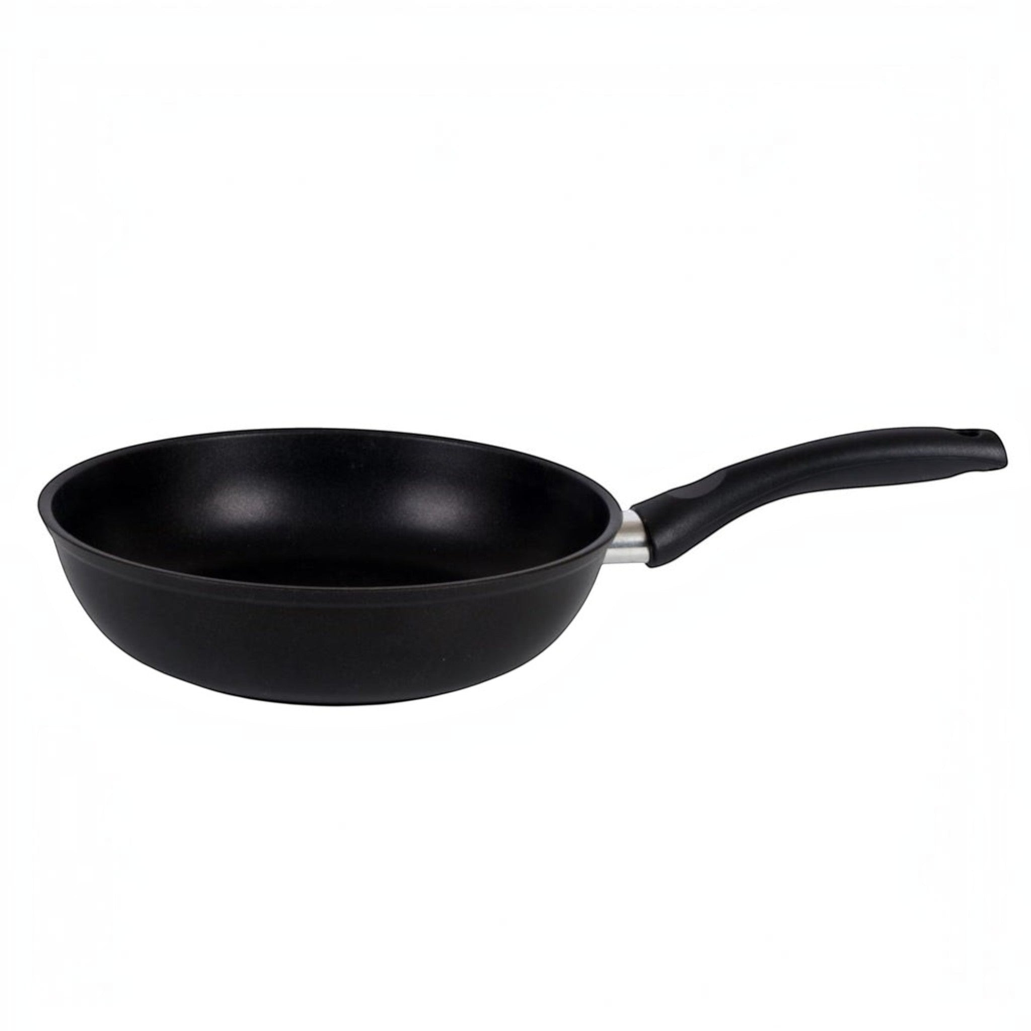 Asia Trade 24cm non-stick cast aluminum frying pan with black plastic handle, PFOA-free and dishwasher safe.