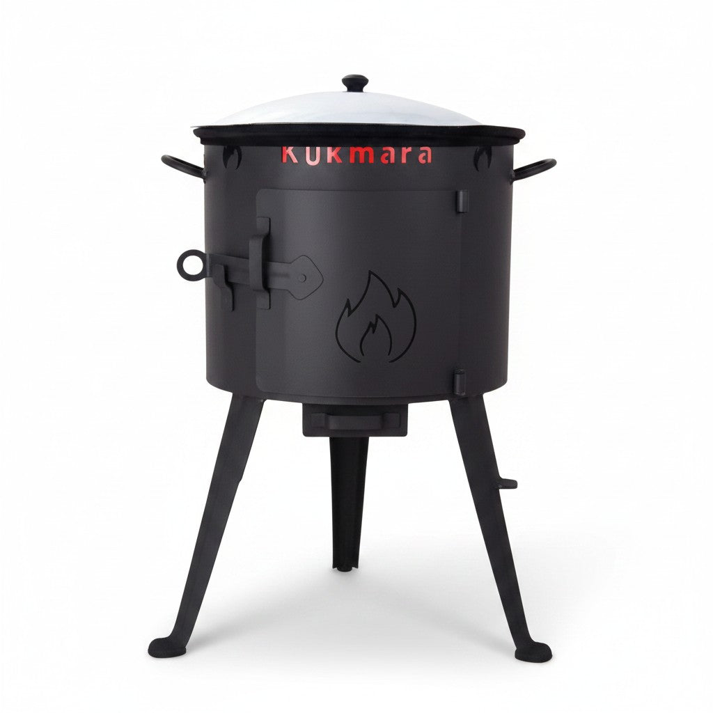 Asia Trade outdoor stove and 4.5L cast iron Uzbek kazan set with black metal furnace and lid