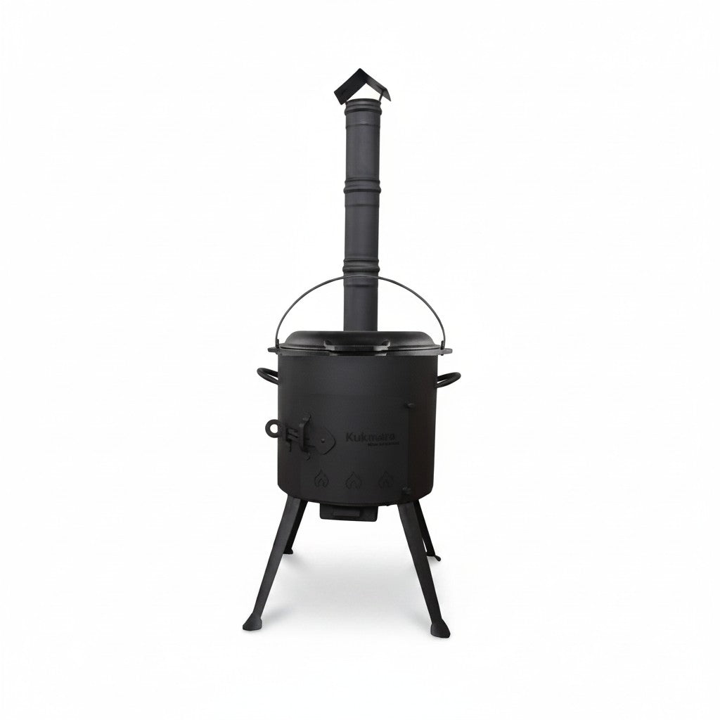Asia Trade outdoor stove set with chimney, 12L cast iron kazan, and lid-pan for authentic open-fire camping cooking