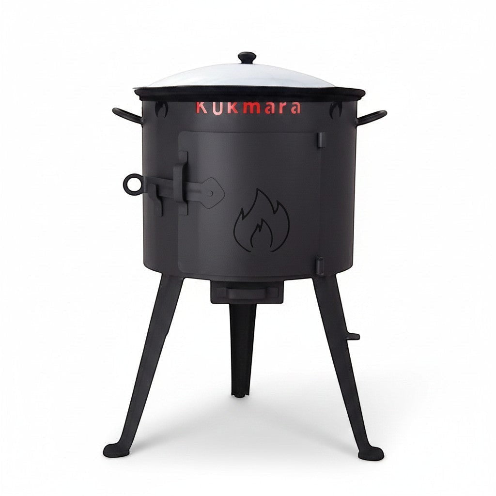 Asia Trade 12-liter cast iron Uzbek kazan set with black metal outdoor stove and lid