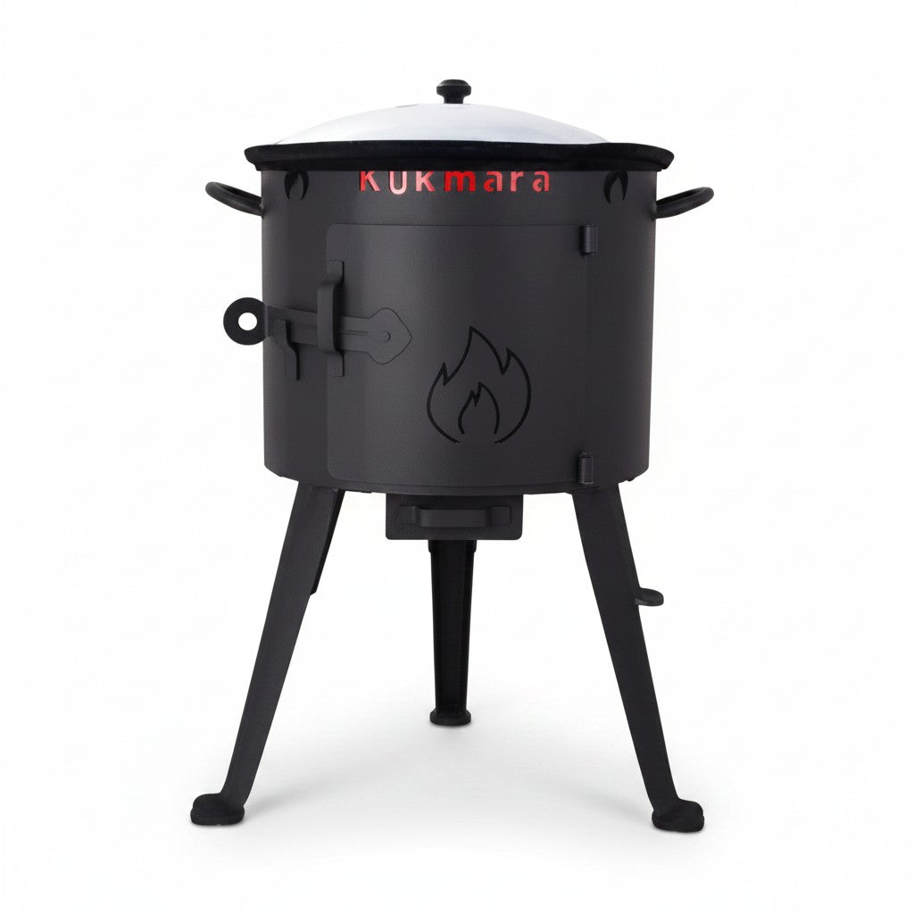 Asia Trade outdoor stove and 6-liter cast iron Uzbek kazan set with a black metal furnace and lid