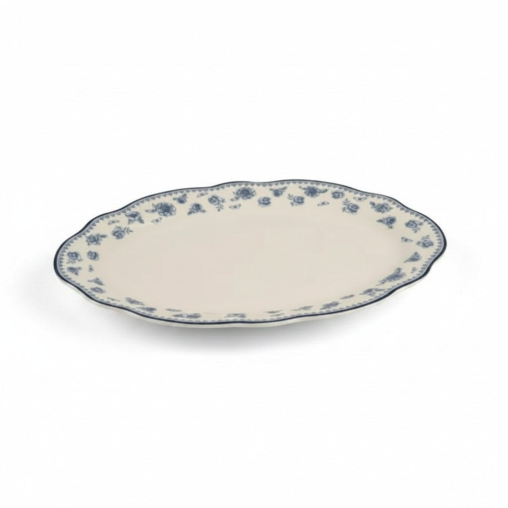 Asia Trade 36 cm oval serving platter in cream ceramic with a delicate blue floral rose pattern and scalloped edge