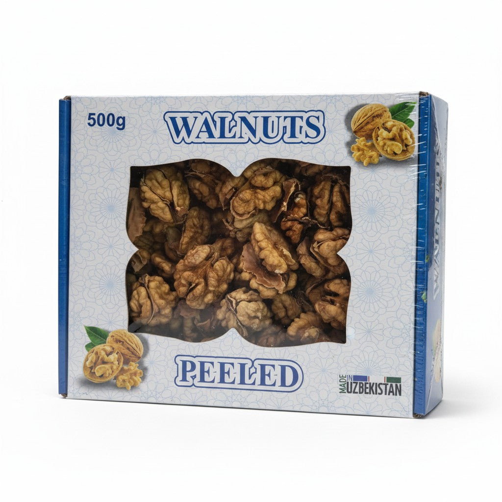 Asia Trade 500g box of premium peeled walnuts from Uzbekistan in white and blue packaging