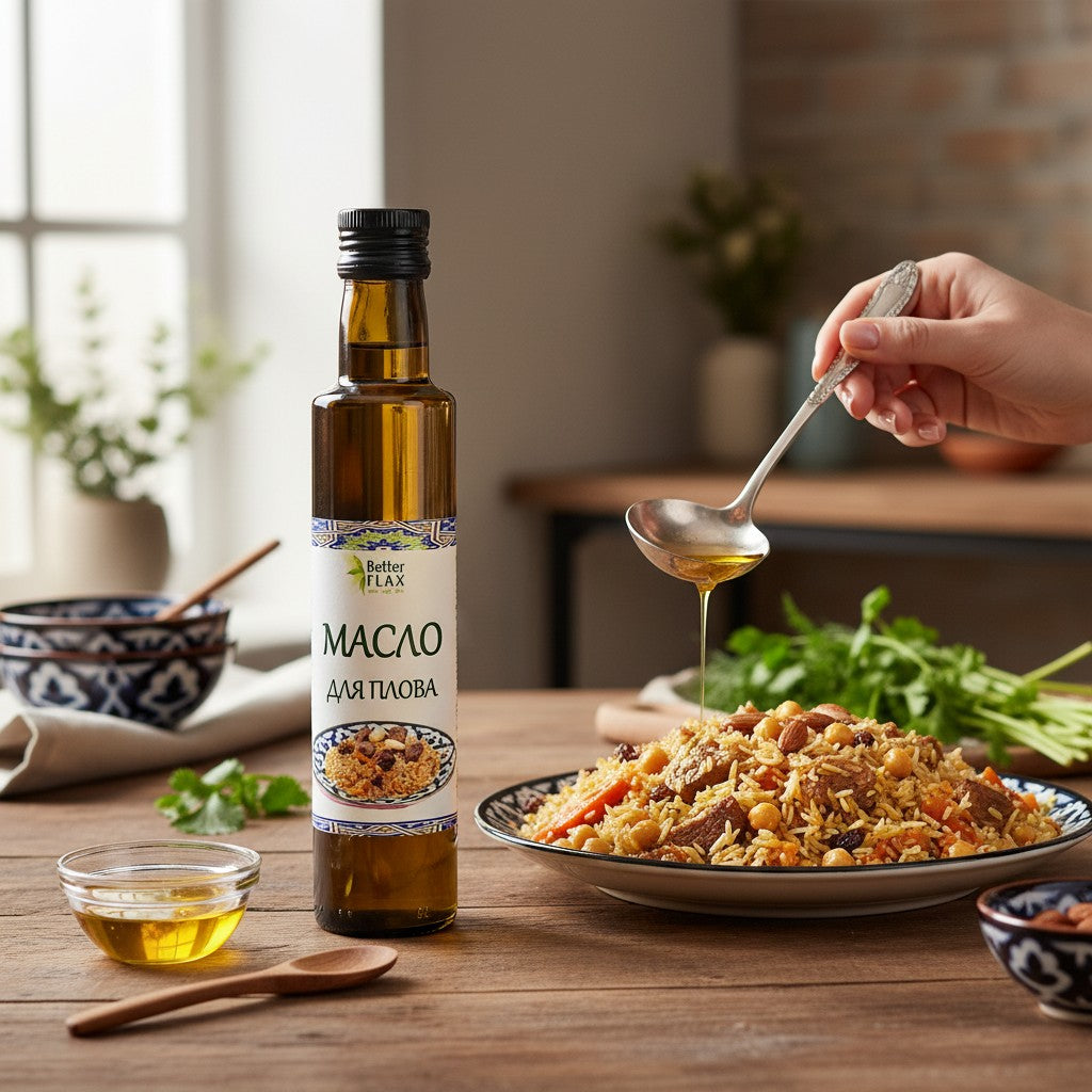 Asia Trade plov oil in a glass bottle being poured over a traditional rice dish with meat and chickpeas