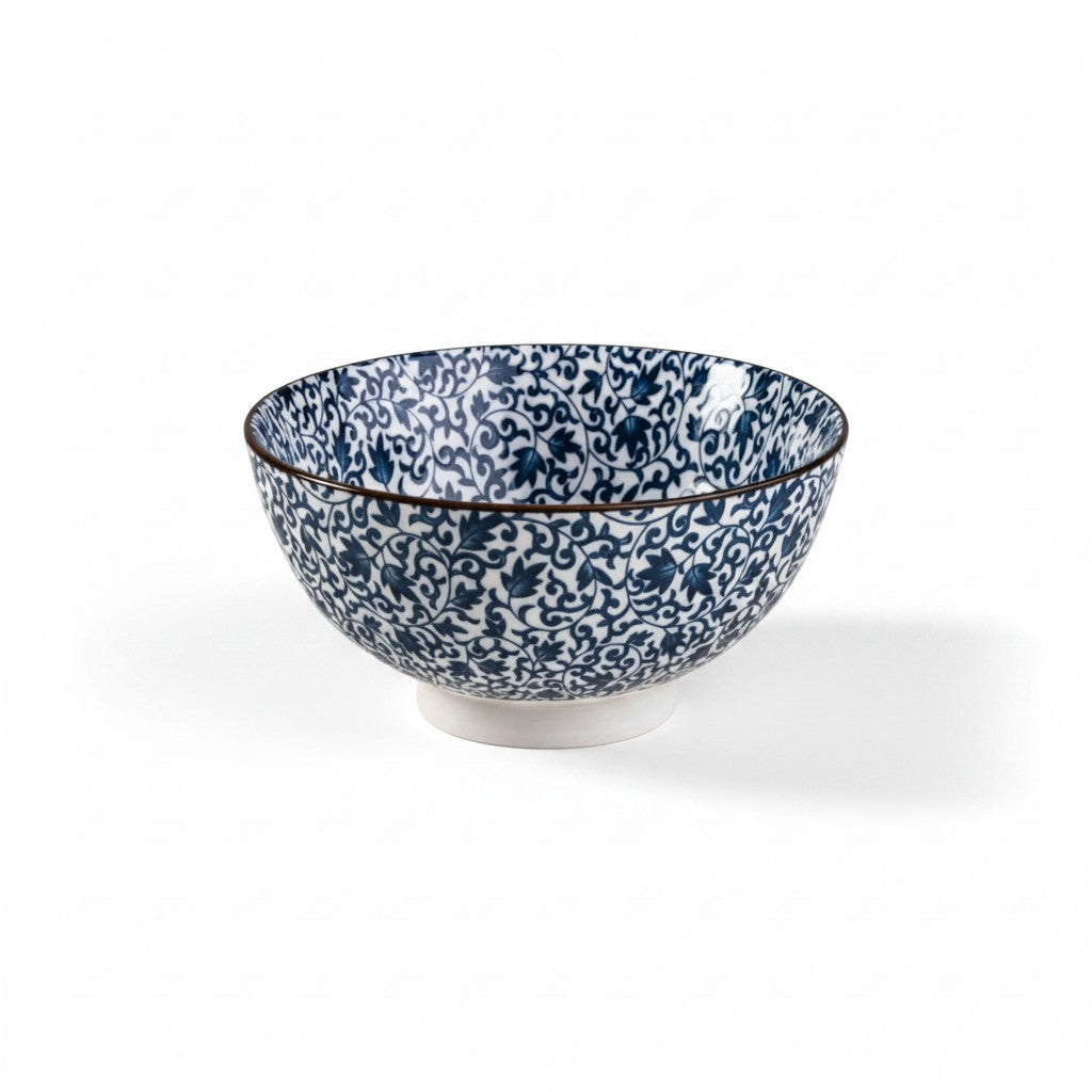 Asia Trade 15cm white porcelain bowl featuring intricate blue Japanese floral patterns and a dark rim.