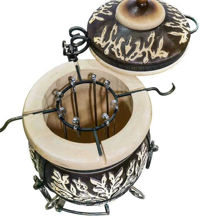 Asia Trade Prague 85-liter ceramic tandoor oven with ornate dark brown and cream floral relief patterns and lid