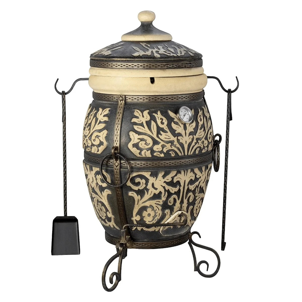 Asia Trade Prague 85-liter ceramic tandoor oven with intricate cream floral patterns on a dark grey background