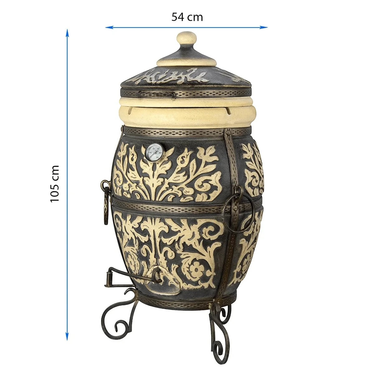 Asia Trade Prague 85-liter ceramic tandoor oven with ornate floral relief patterns and built-in temperature gauge