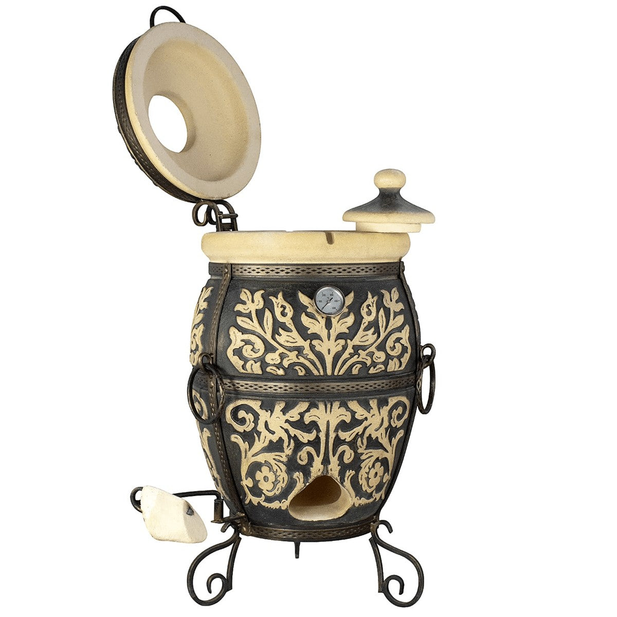 Asia Trade Prague 85-liter ceramic tandoor oven with intricate floral carvings, open lid, and built-in thermometer.
