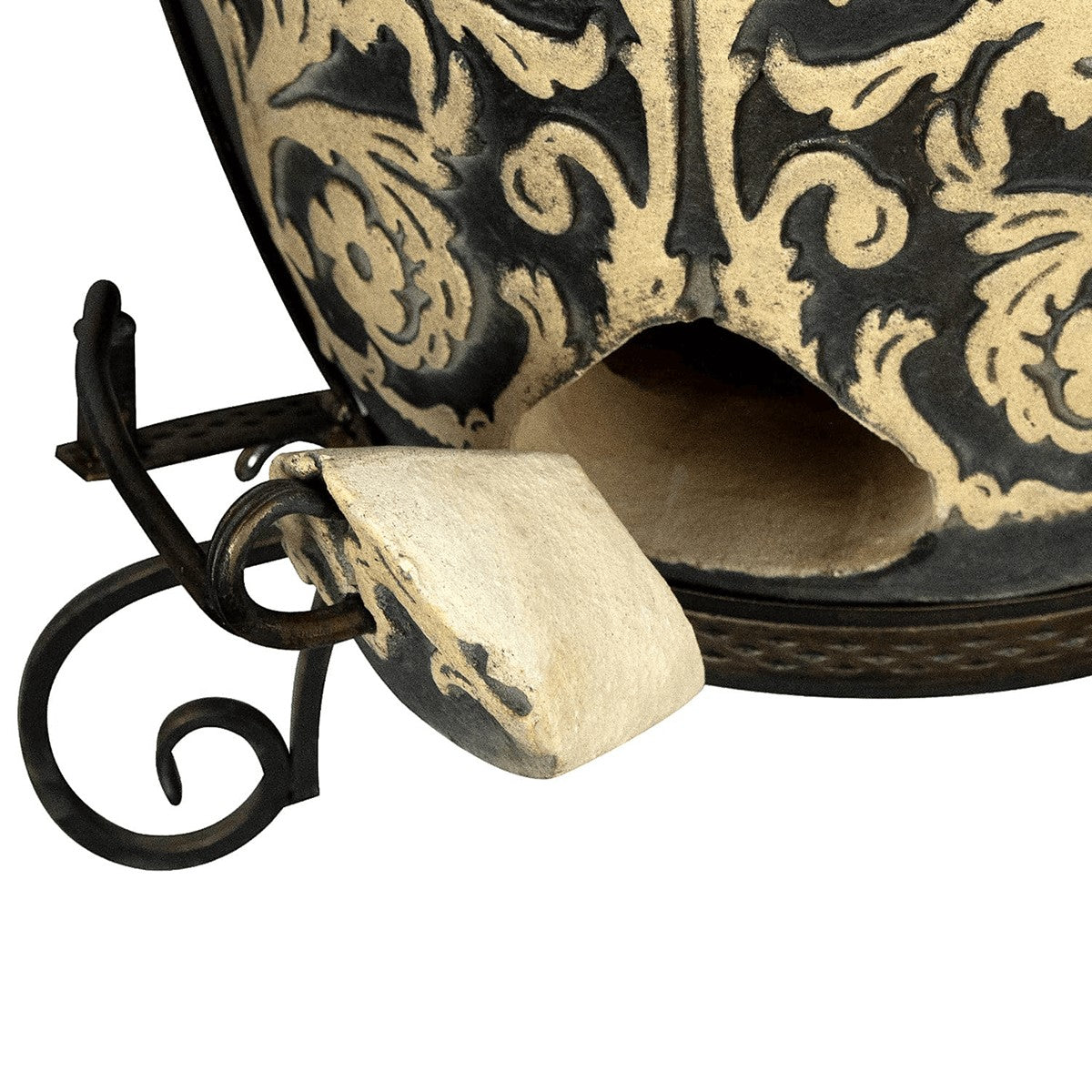 Asia Trade Prague 85-liter clay tandoor oven featuring a decorative black and cream floral embossed ceramic finish.
