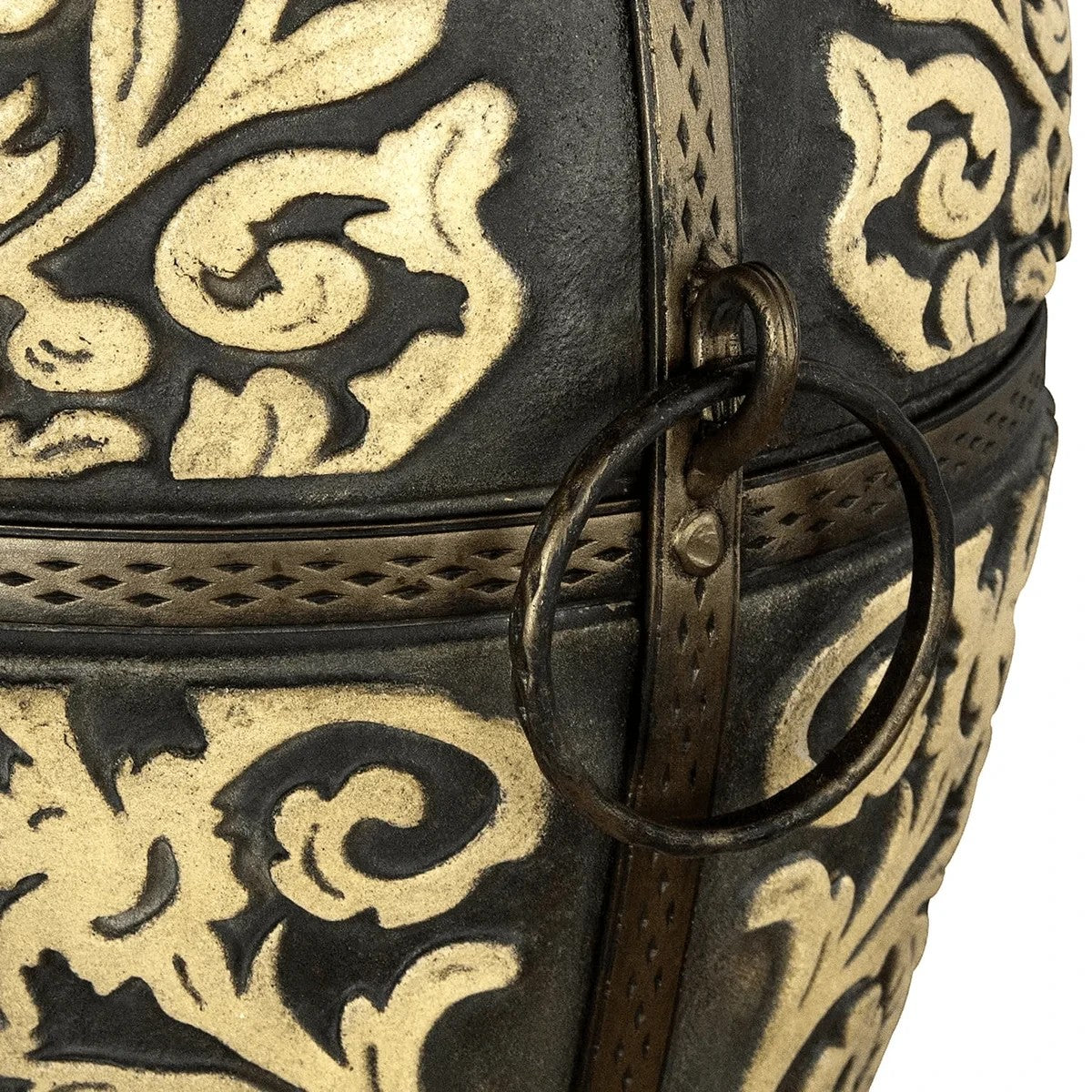 Asia Trade Prague 85-liter tandoor oven featuring intricate gold floral relief patterns on a black ceramic body