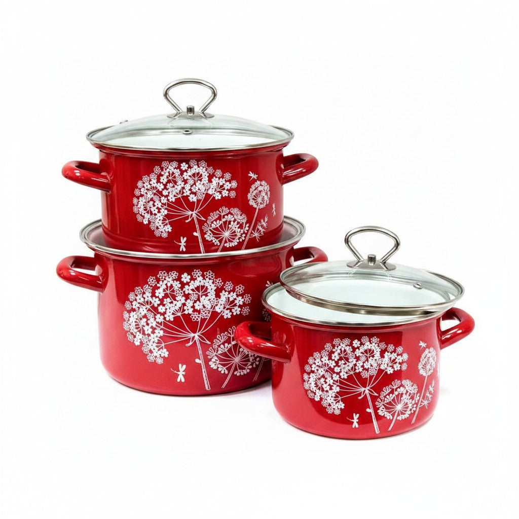 Asia Trade red enamel pot set with white dandelion floral pattern and glass lids, suitable for all stovetops.