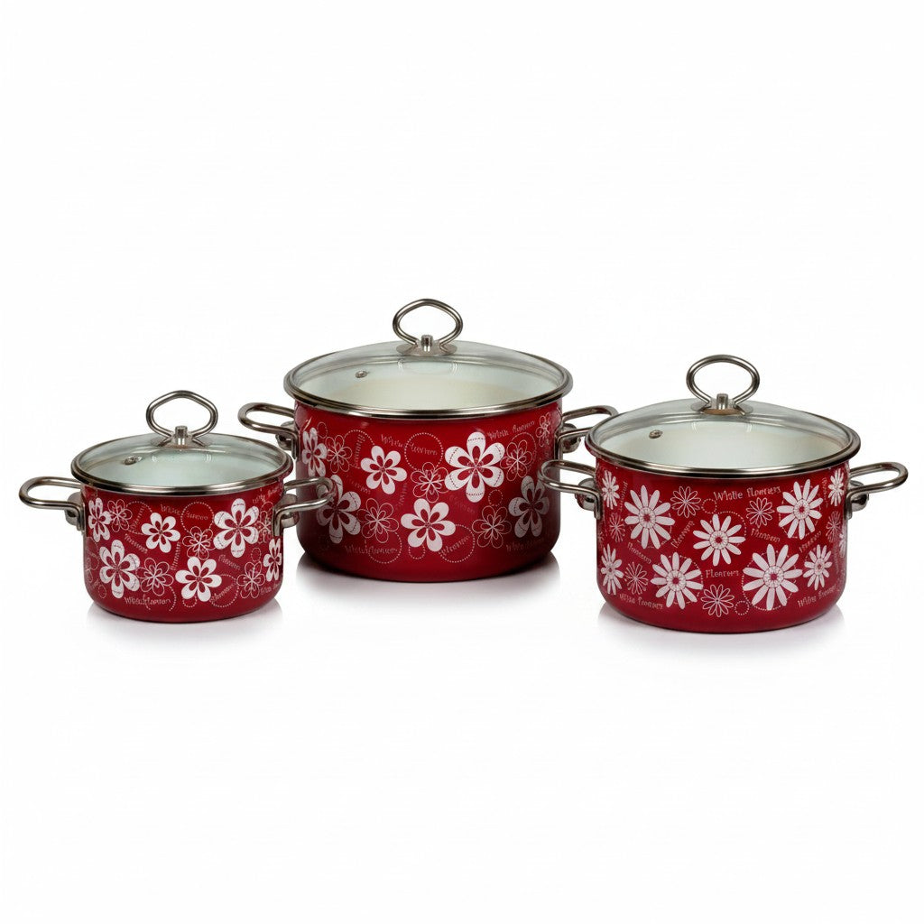 Asia Trade set of three red enamel pots with white floral patterns and glass lids in varying sizes
