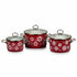 Asia Trade set of three red enamel pots with white floral patterns and glass lids in varying sizes