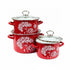 Asia Trade red enamel pot set with white dandelion floral pattern and glass lids, suitable for all stovetops.