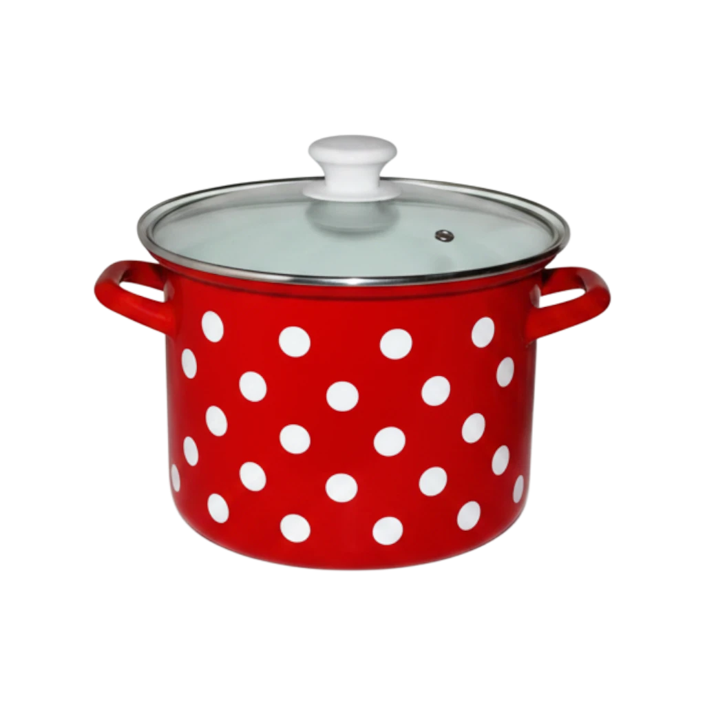 Asia Trade red enamel pot set with white polka dots and glass lids, suitable for all stovetops and oven use.