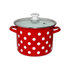 Asia Trade red enamel pot set with white polka dots and glass lids, suitable for all stovetops and oven use.