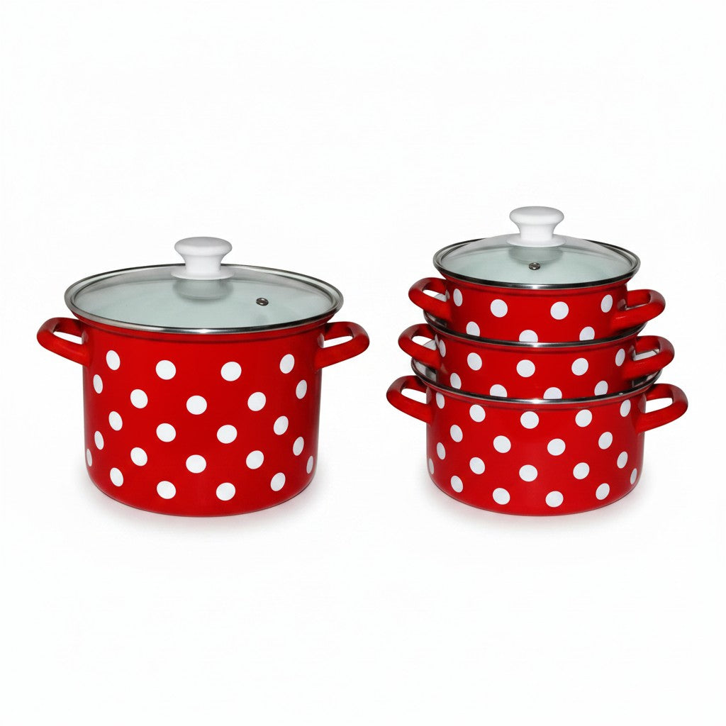 Asia Trade red enamel pot set with white polka dots and glass lids, suitable for all stovetops and oven use.