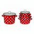 Asia Trade red enamel pot set with white polka dots and glass lids, suitable for all stovetops and oven use.
