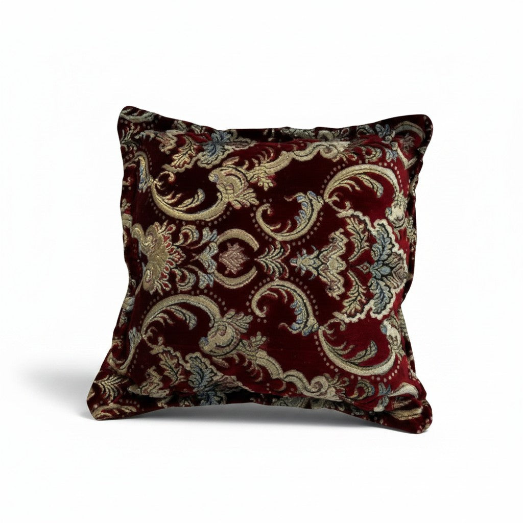 Asia Trade handmade decorative throw pillow in deep red velvet with intricate gold and blue floral damask pattern