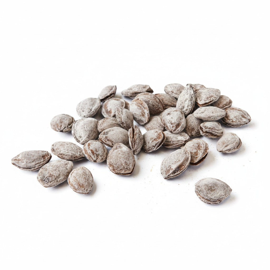 Asia Trade roasted apricot kernels from Uzbekistan, salted and charcoal-roasted, 500g pack.