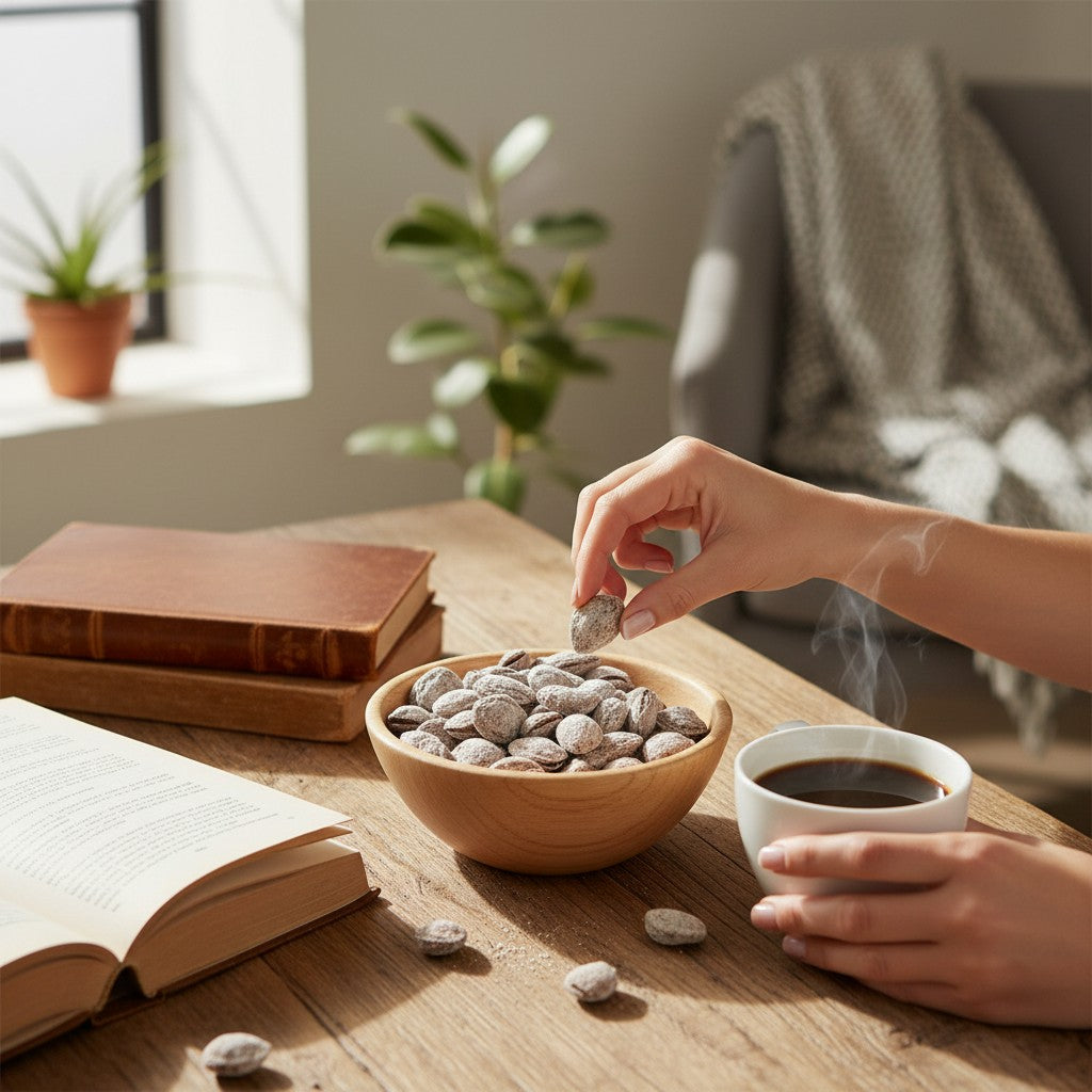 Asia Trade roasted apricot kernels with salt in a wooden bowl on a wooden table with a cup of coffee and a book