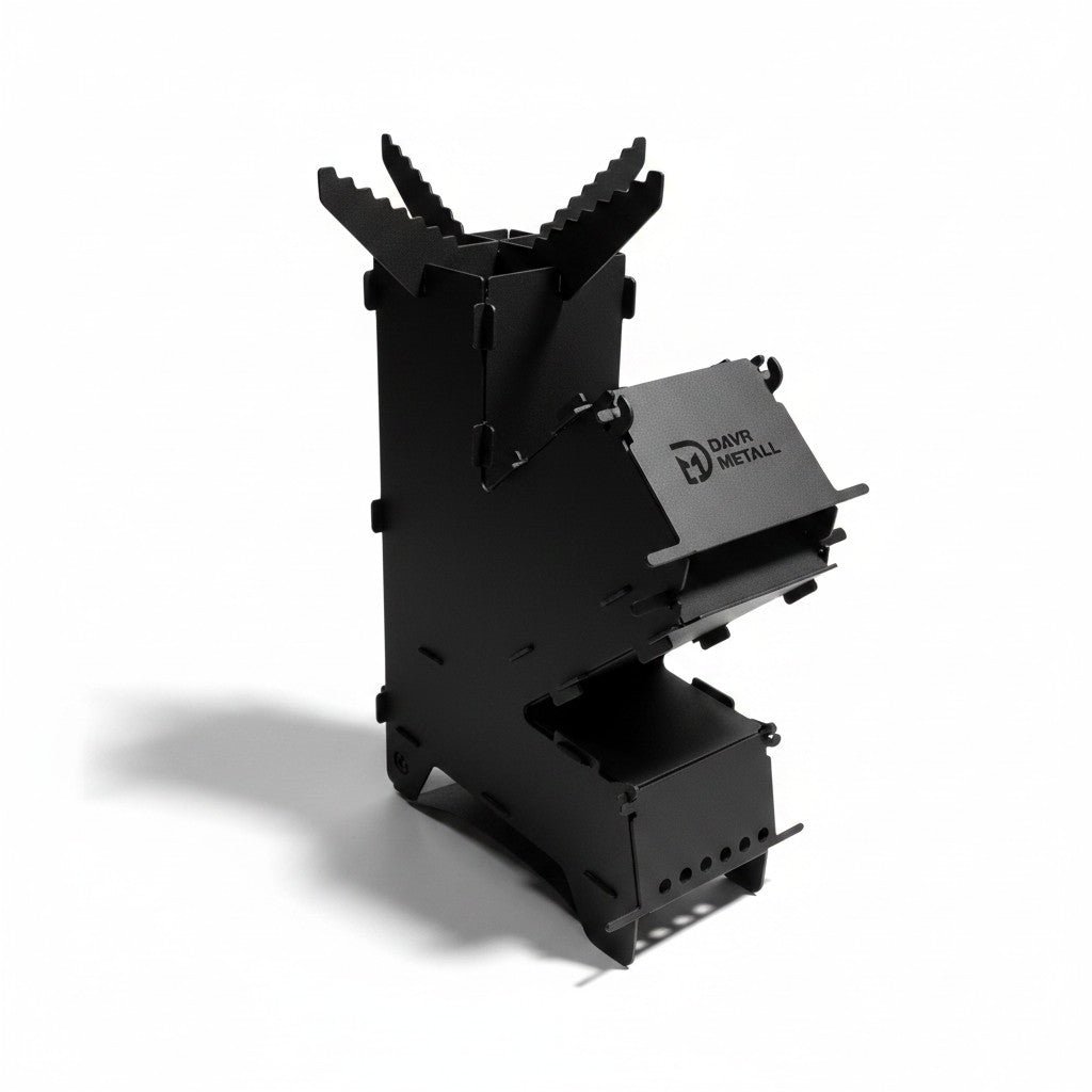 Asia Trade Rocket D1 portable black steel camping stove with vertical design for efficient outdoor cooking