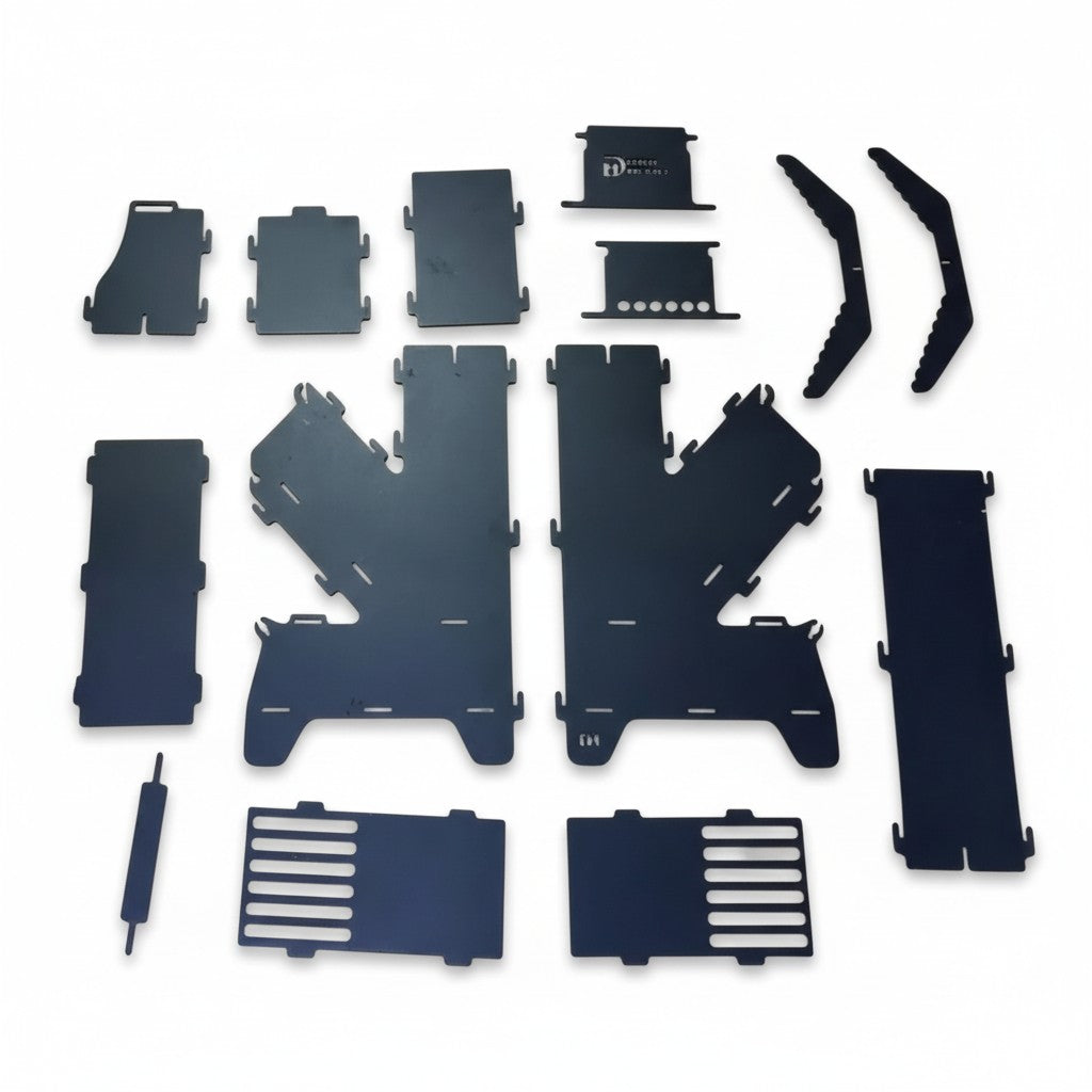 Asia Trade Rocket D1 portable camping stove disassembled into flat black steel panels for easy transport and assembly