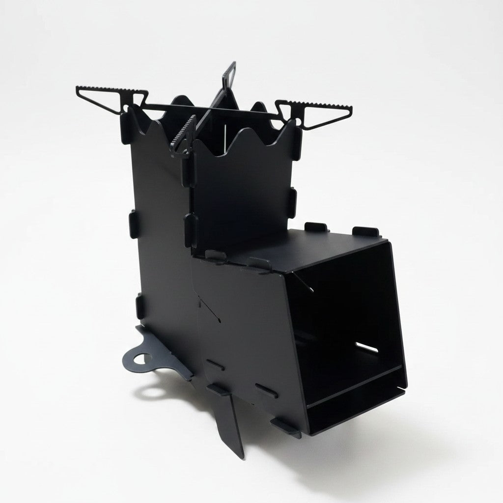 Asia Trade Rocket D2 portable steel camping stove in black with a vertical design for efficient outdoor cooking