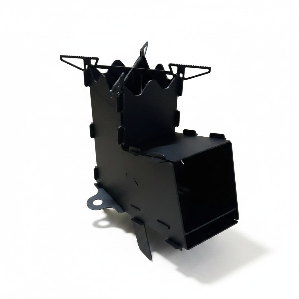 Asia Trade Rocket D2 portable steel camping stove in black, featuring a compact vertical design for efficient cooking.