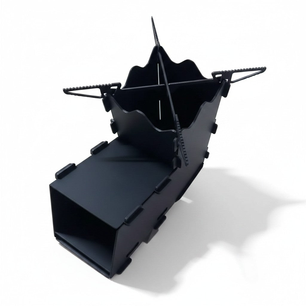 Asia Trade Rocket D2 portable steel camping stove in black with a cross-shaped pot support for outdoor cooking