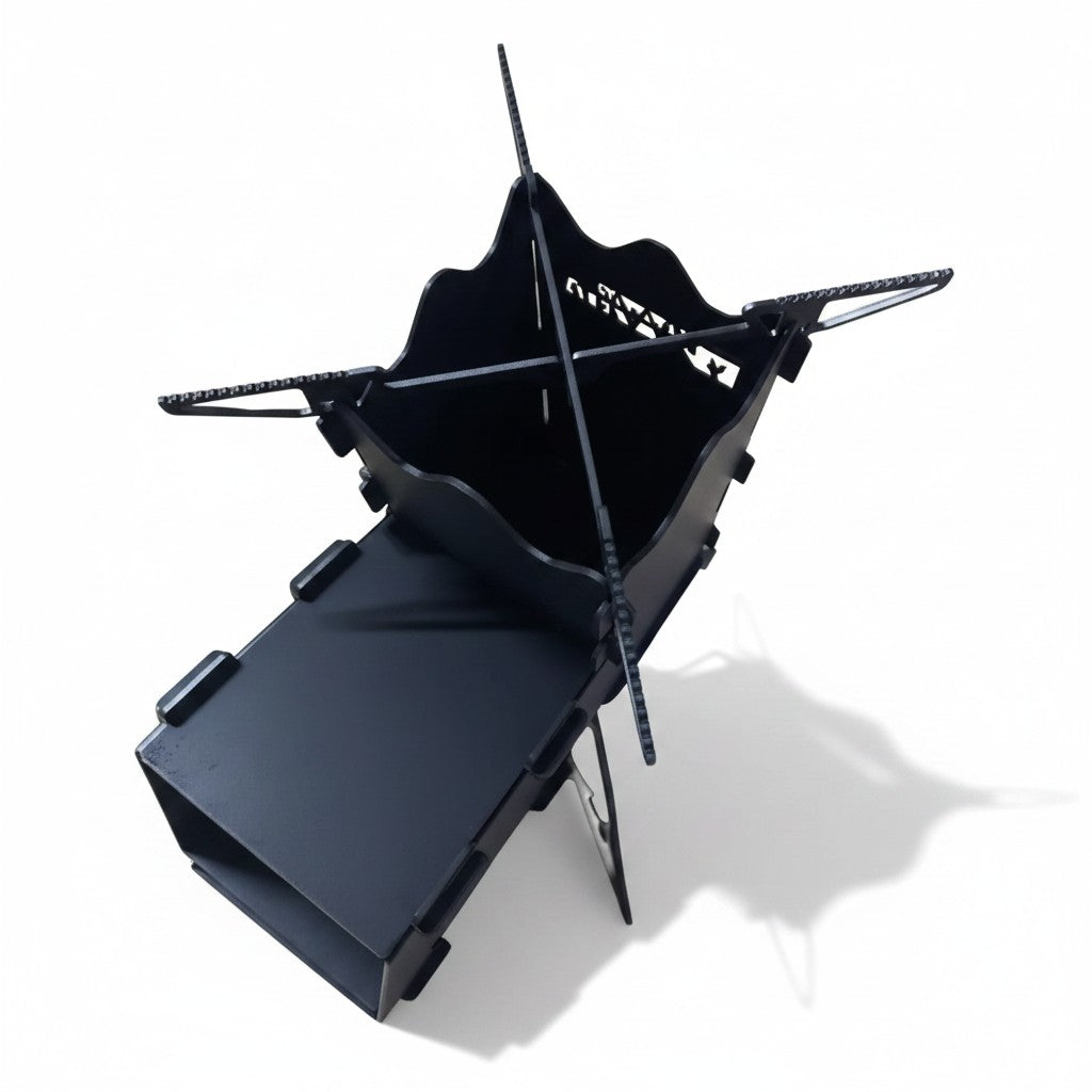 Asia Trade Rocket D2 MINI portable black steel camping stove with a cross-shaped cooking stand for outdoor cooking