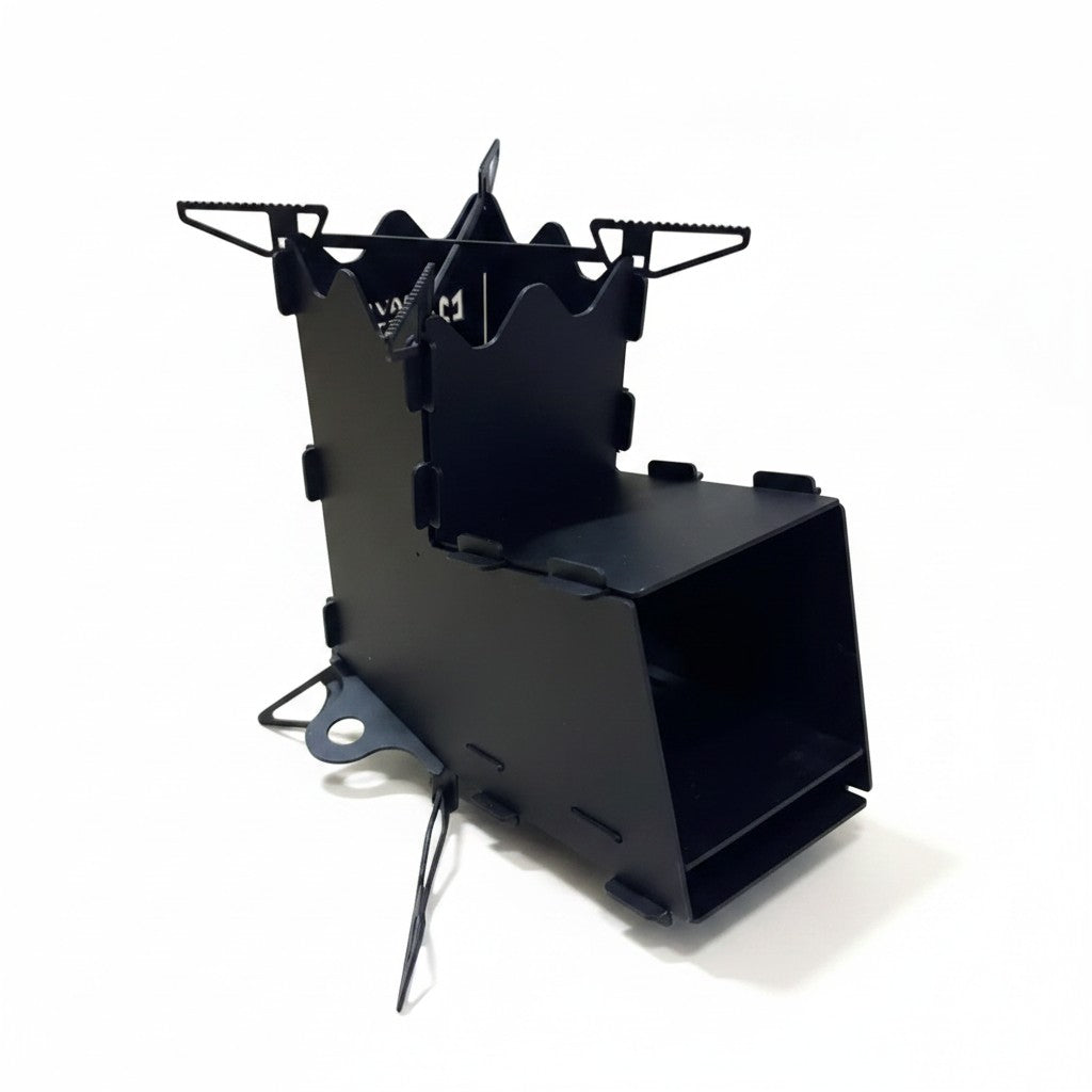Asia Trade Rocket D2 MINI portable steel camping stove in black, designed for efficient outdoor cooking.