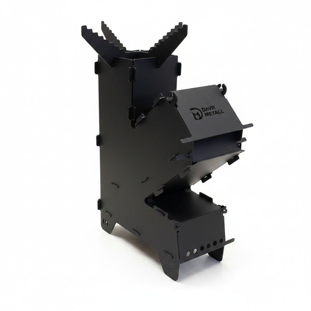Asia Trade Rocket DMAX portable black steel rocket stove for outdoor camping and cooking with a sturdy pot stand