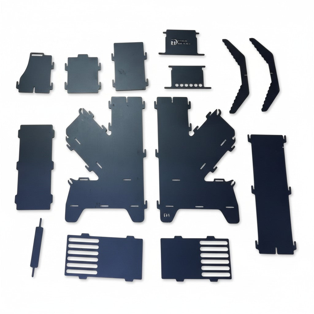 Asia Trade Rocket DMAX portable camping stove disassembled into flat steel panels for easy transport and assembly