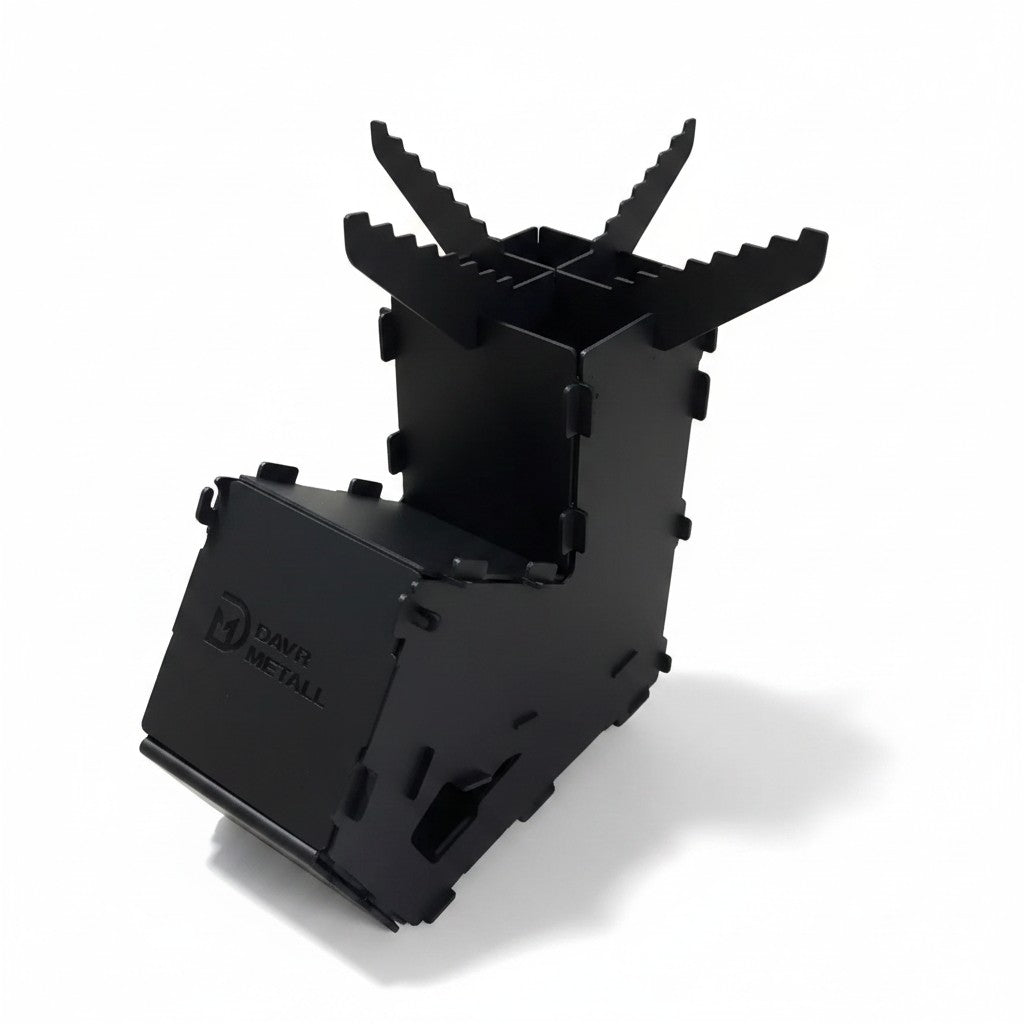 Asia Trade Rocket DMAX portable steel camping stove in black with a vertical design for efficient outdoor cooking