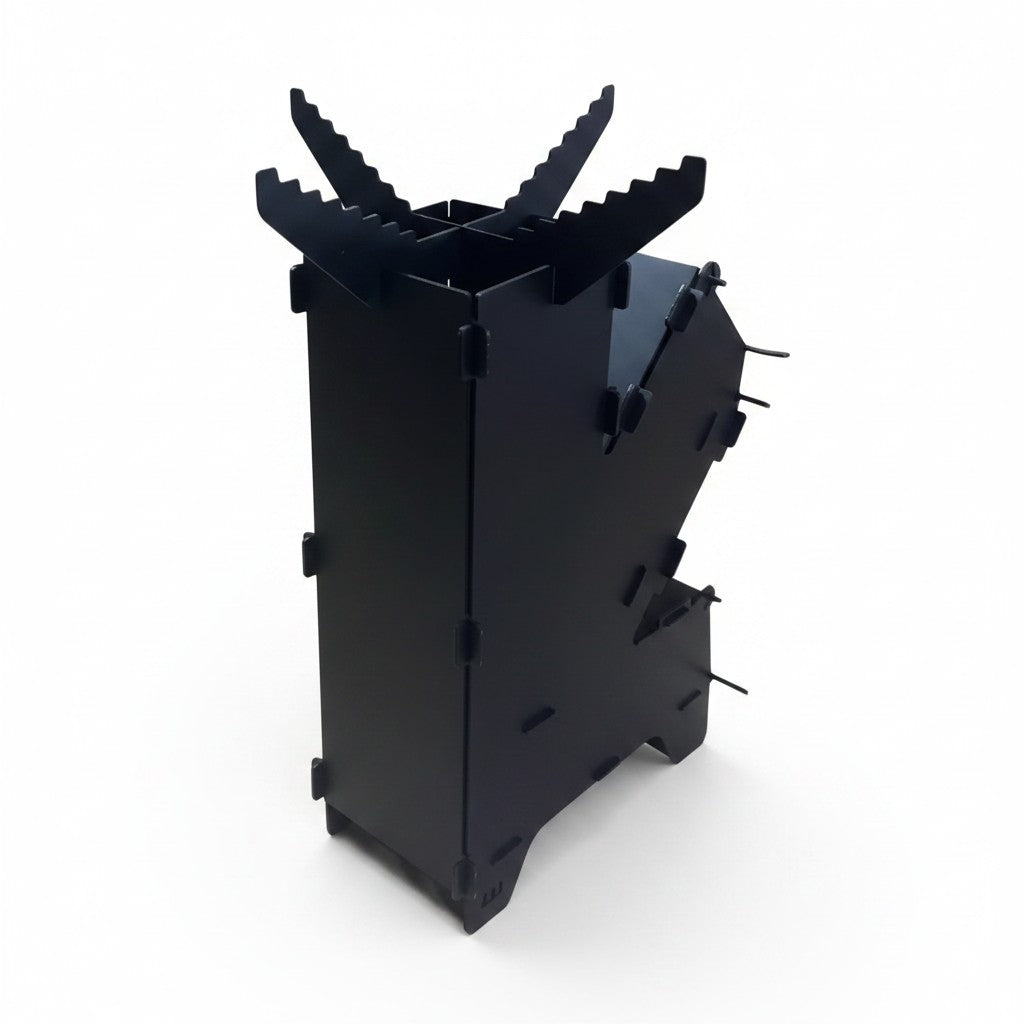 Asia Trade Rocket DMAX black steel portable camping stove with vertical design for efficient outdoor cooking