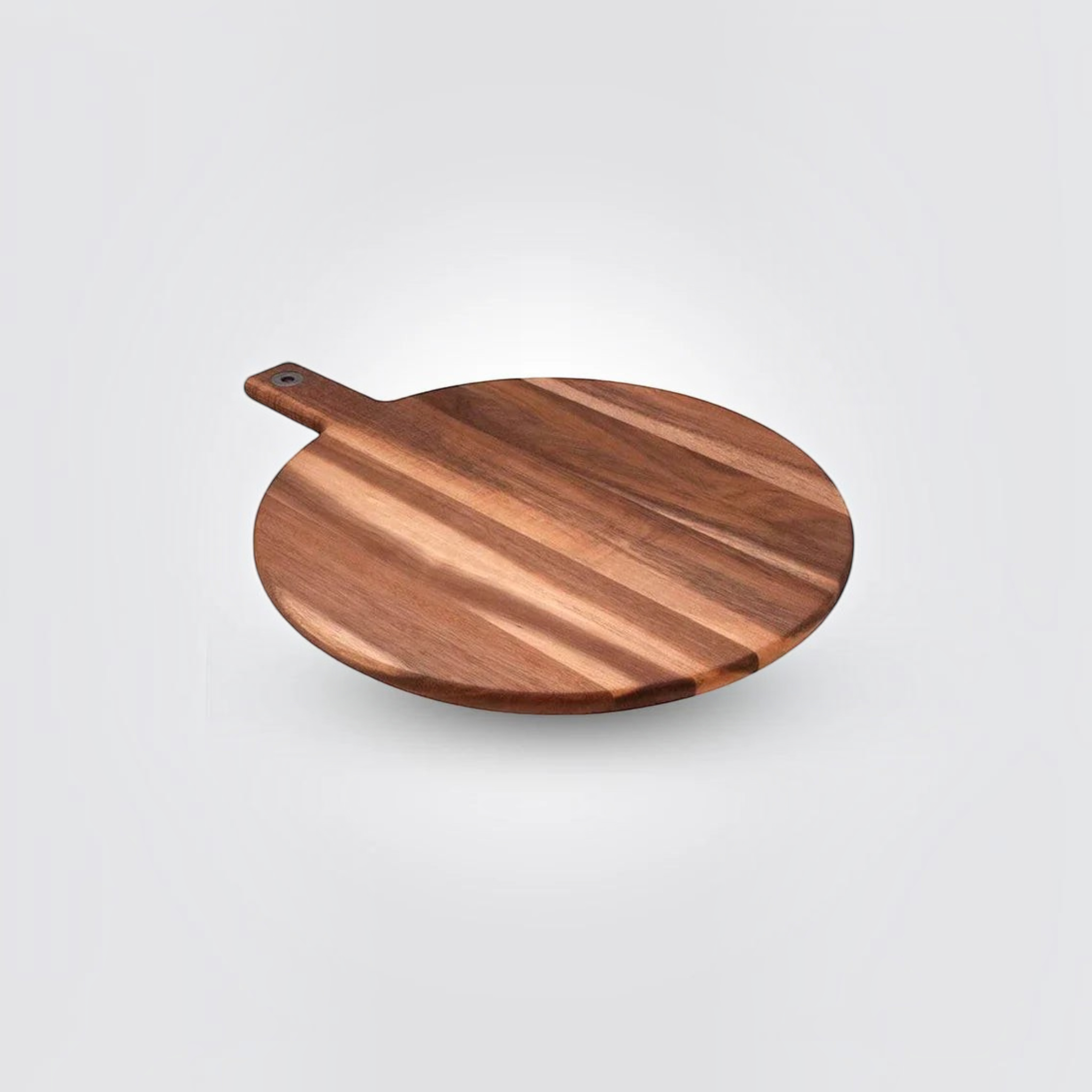 Asia Trade round acacia wood cutting board with an ergonomic handle and hanging hole for kitchen use