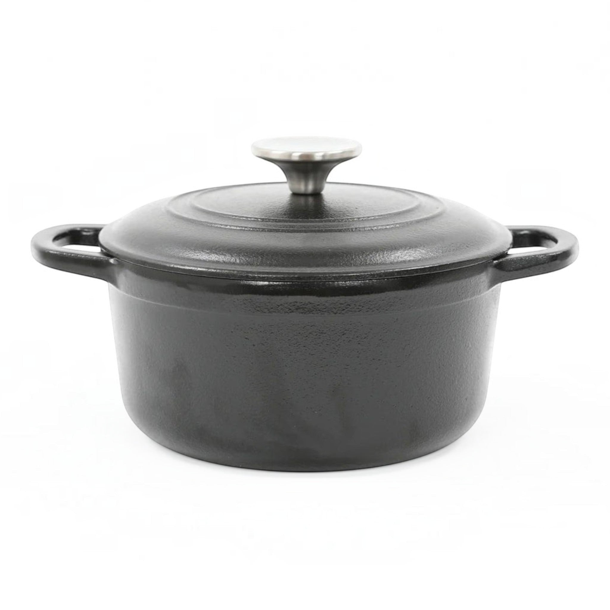 Asia Trade 1.9L round black cast iron pot with lid, featuring pre-seasoned surface and sturdy integrated handles.