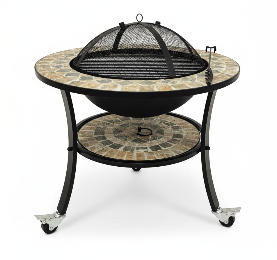 Asia Trade round mosaic tabletop grill with black iron frame, safety mesh cover, and wheels for outdoor patio use.