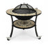 Asia Trade round mosaic tabletop grill with black iron frame, safety mesh cover, and wheels for outdoor patio use.