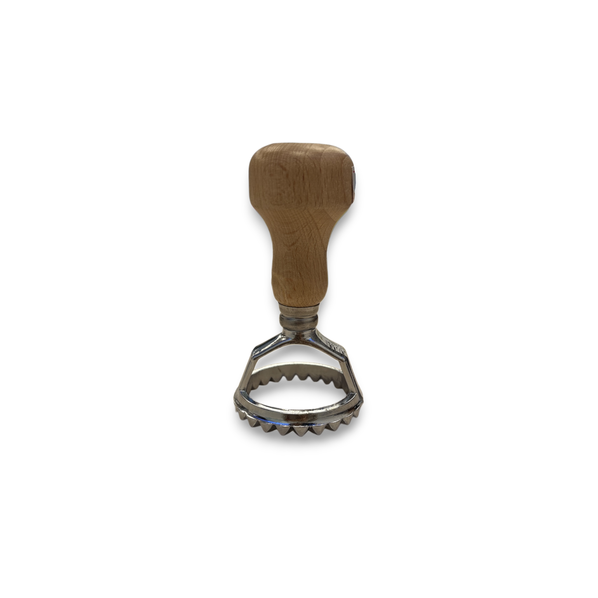 Asia Trade 5cm round ravioli stamp with an ergonomic natural wood handle and durable aluminum fluted cutter