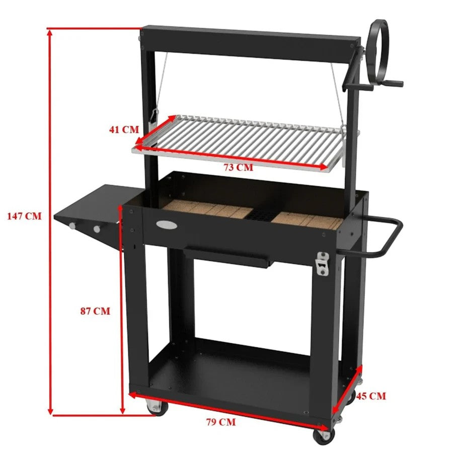 Asia Trade Santa Klara professional charcoal grill with adjustable U-shaped stainless steel grate and firebricks.