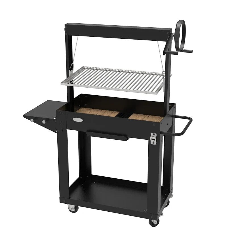 Asia Trade Santa Klara professional charcoal grill with adjustable stainless steel U-grate, firebricks, and side shelf.