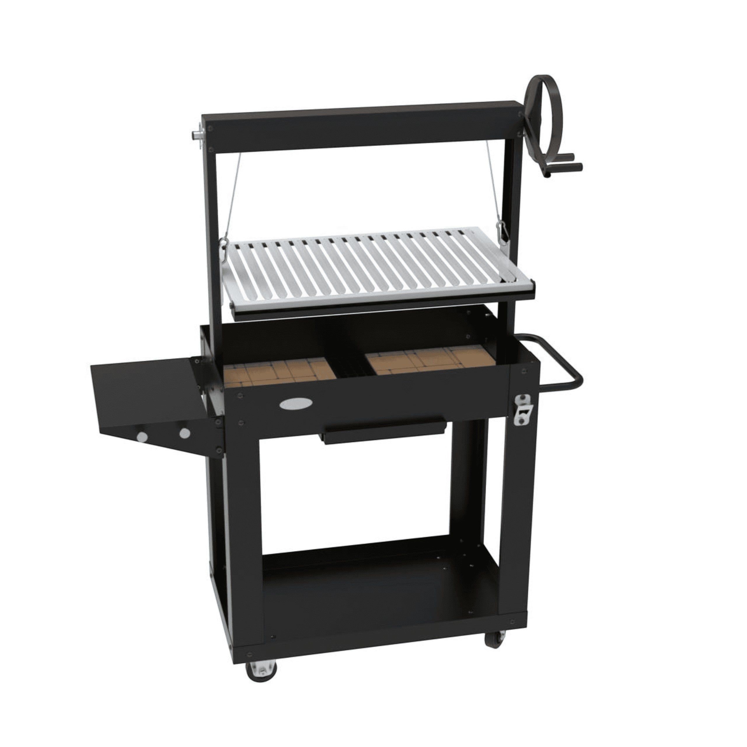 Asia Trade Santa Klara professional charcoal grill with adjustable U-shaped stainless steel grate and firebricks.