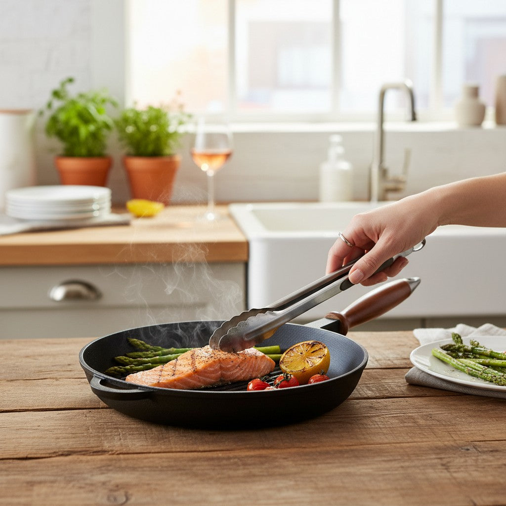 Asia Trade Siton 26cm round cast iron grill pan with ribbed surface cooking salmon and asparagus on a wooden table