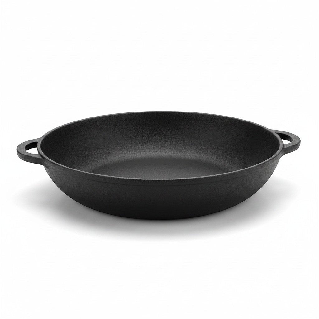 Asia Trade SITON 32cm cast iron saute pan with two side handles in black, isolated on a white background.