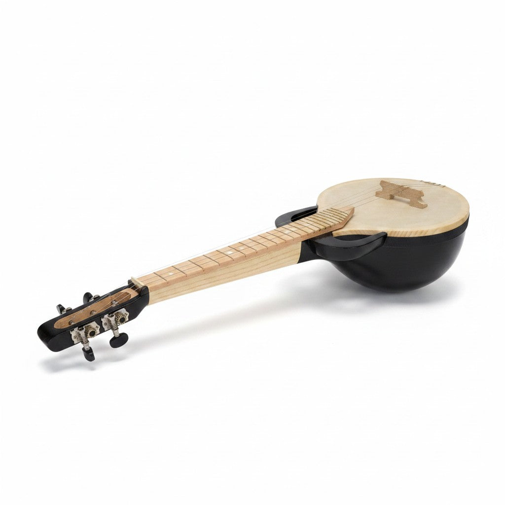 Asia Trade small Uzbek rubab string instrument with a black bowl body and natural wood neck on a white background