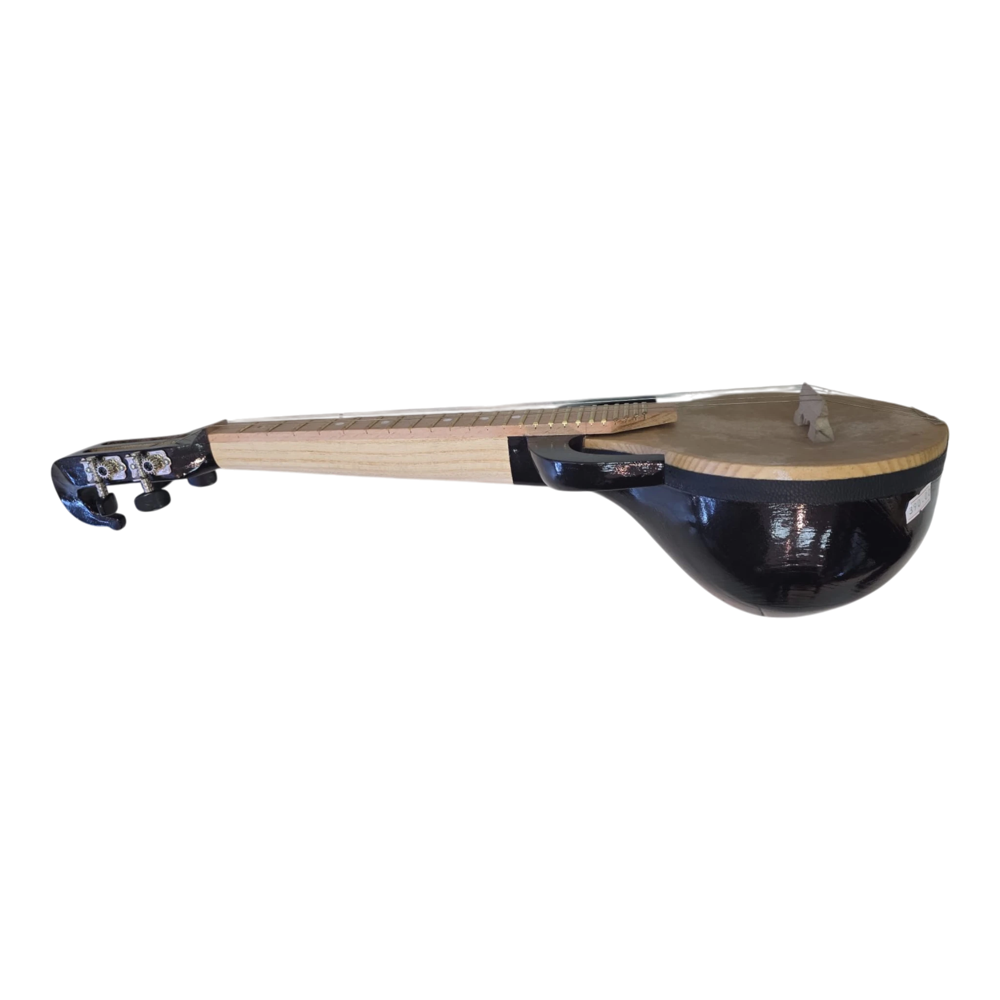 Asia Trade small Uzbek rubab string instrument with a black rounded body and light wood neck on a tiled floor