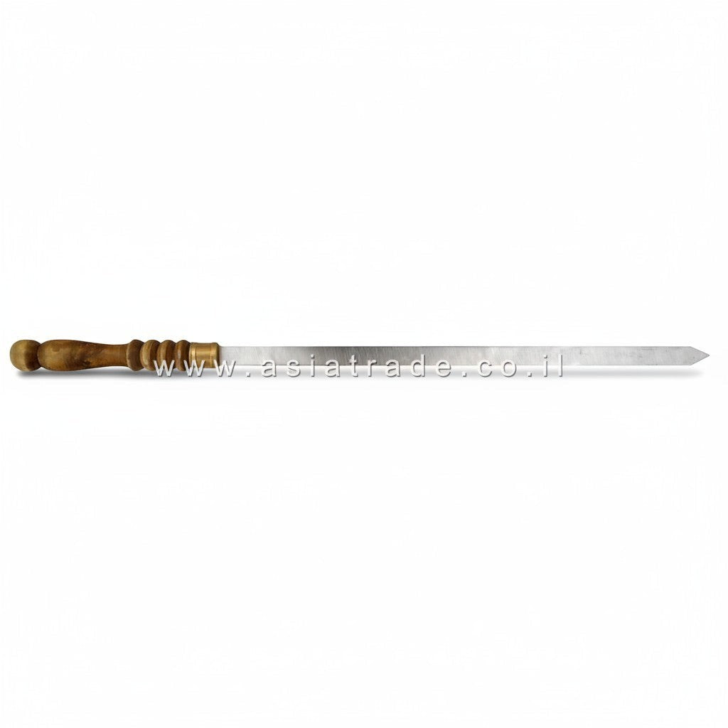 Asia Trade stainless steel barbecue skewer with a 19cm carved wooden handle, 66cm total length for grilling.